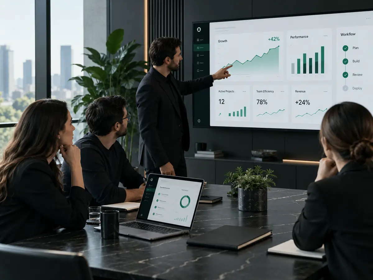 Equipo revisando una solución de software